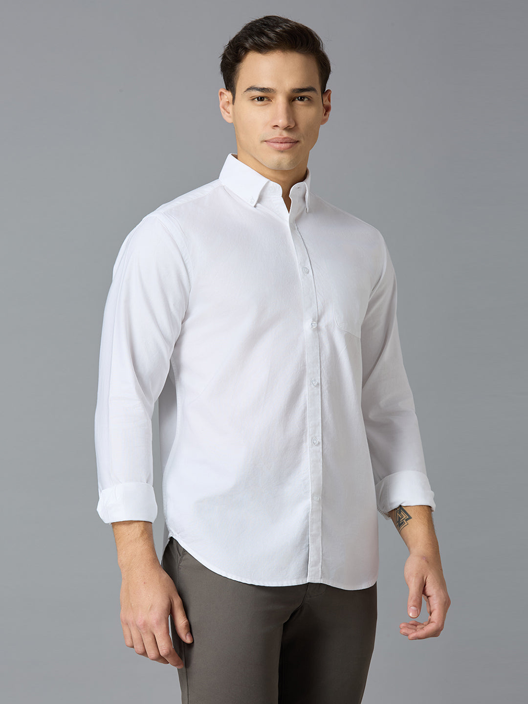 White 100% Cotton Self Design Regular Fit Smart Casual Full Sleeve Shirts