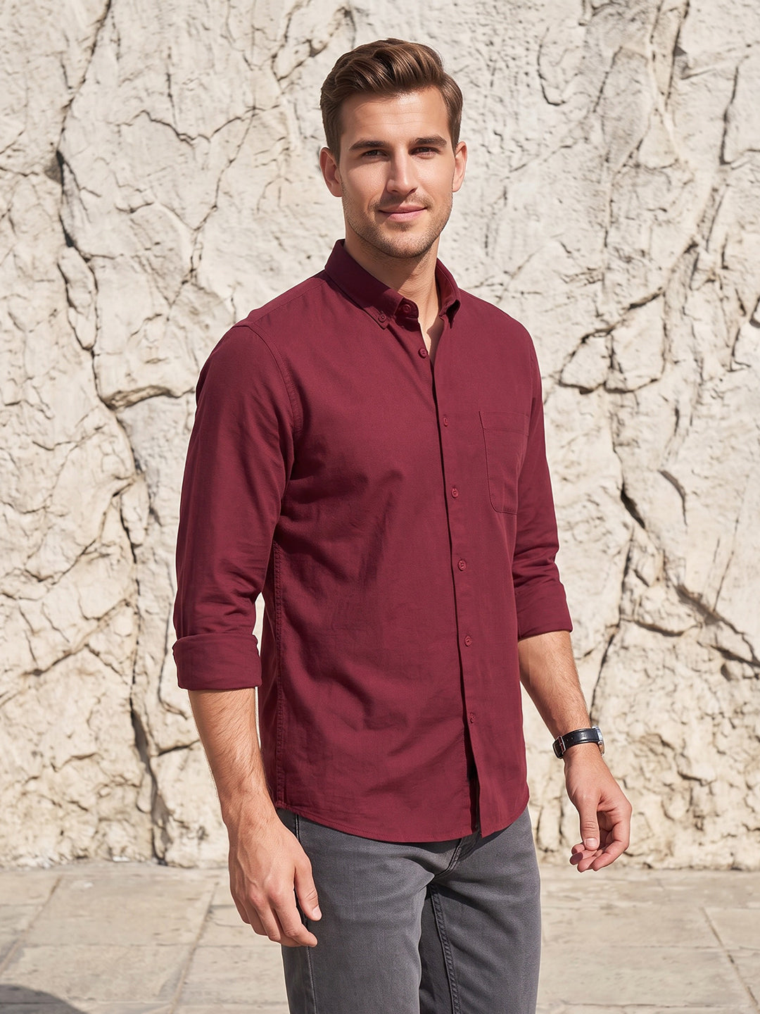 Men's Pure Cotton Oxford Regular Fit Full Sleeve Casual Shirt - Maroon