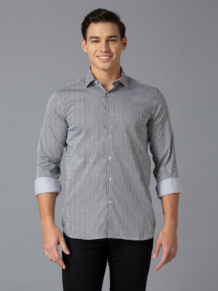 Men's Cotton Stretch Stripe Stripe Slim Fit Full Sleeve Casual Shirt - Black