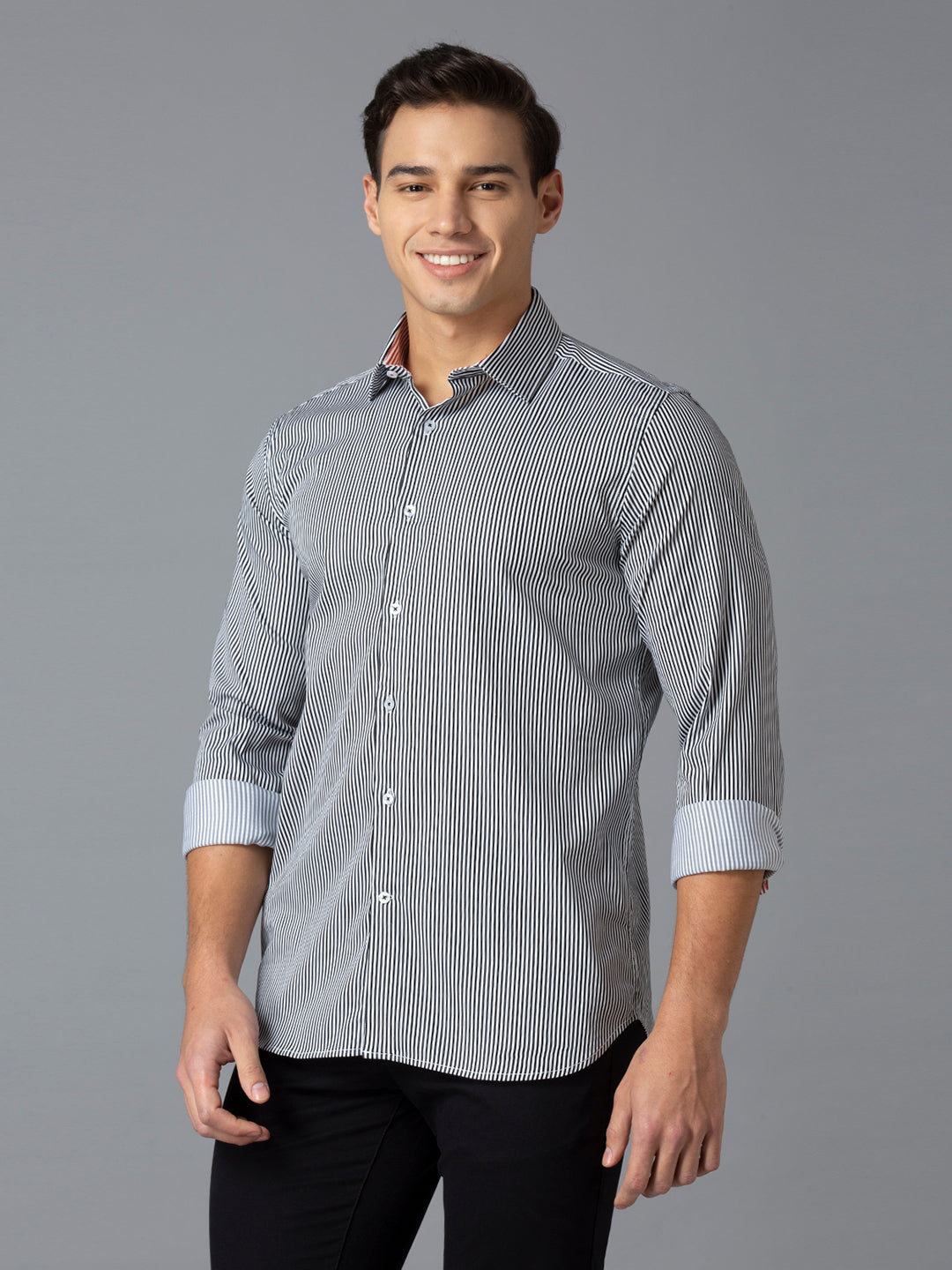 Black 67% Cotton 28% Nylon 5% Spandex Stripes Slim Fit Smart Casual Full Sleeves Shirts