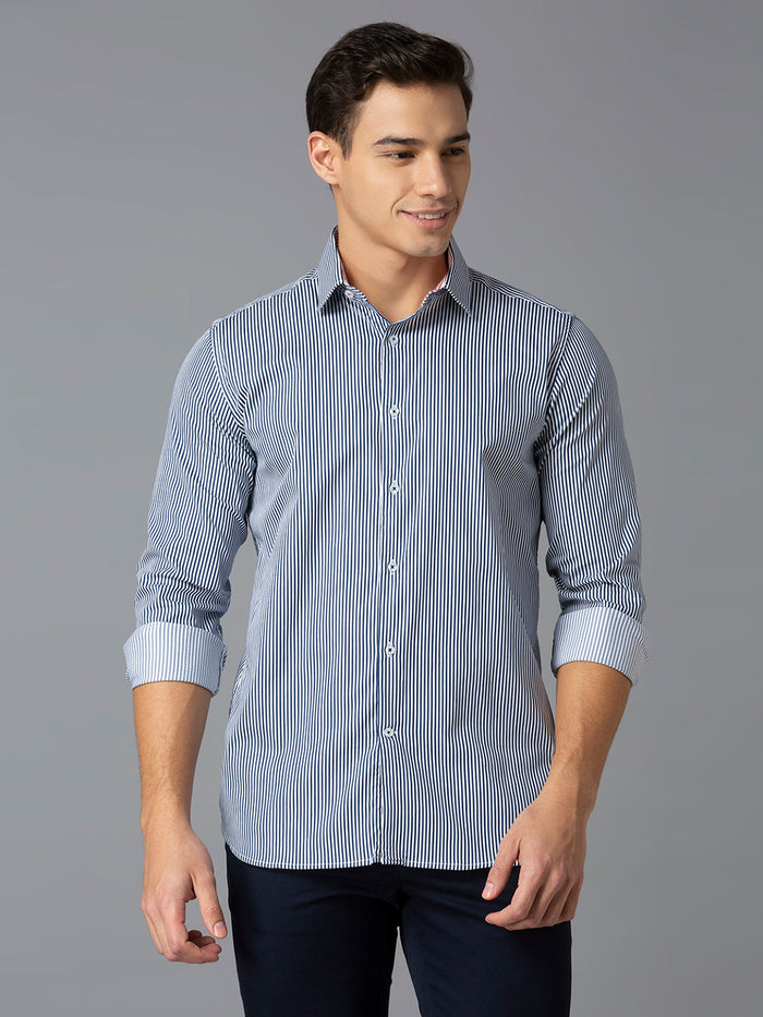 Men's Cotton Stretch Stripe Stripe Slim Fit Full Sleeve Casual Shirt - Blue