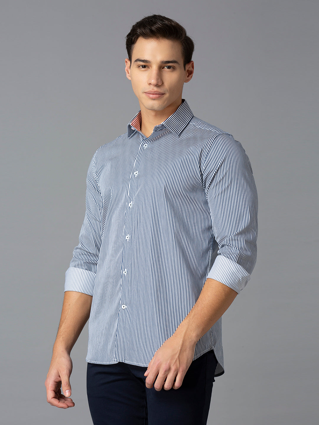 Navy 67% Cotton 28% Nylon 5% Spandex Stripes Slim Fit Smart Casual Full Sleeves Shirts