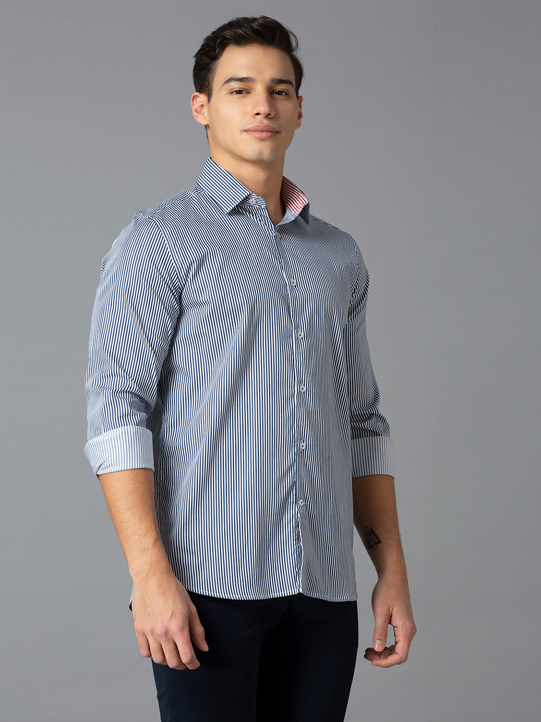 Navy 67% Cotton 28% Nylon 5% Spandex Stripes Slim Fit Smart Casual Full Sleeves Shirts