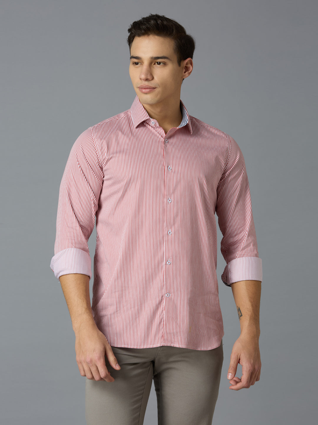 Red 67% Cotton 28% Nylon 5% Spandex Stripes Slim Fit Smart Casual Full Sleeves Shirts