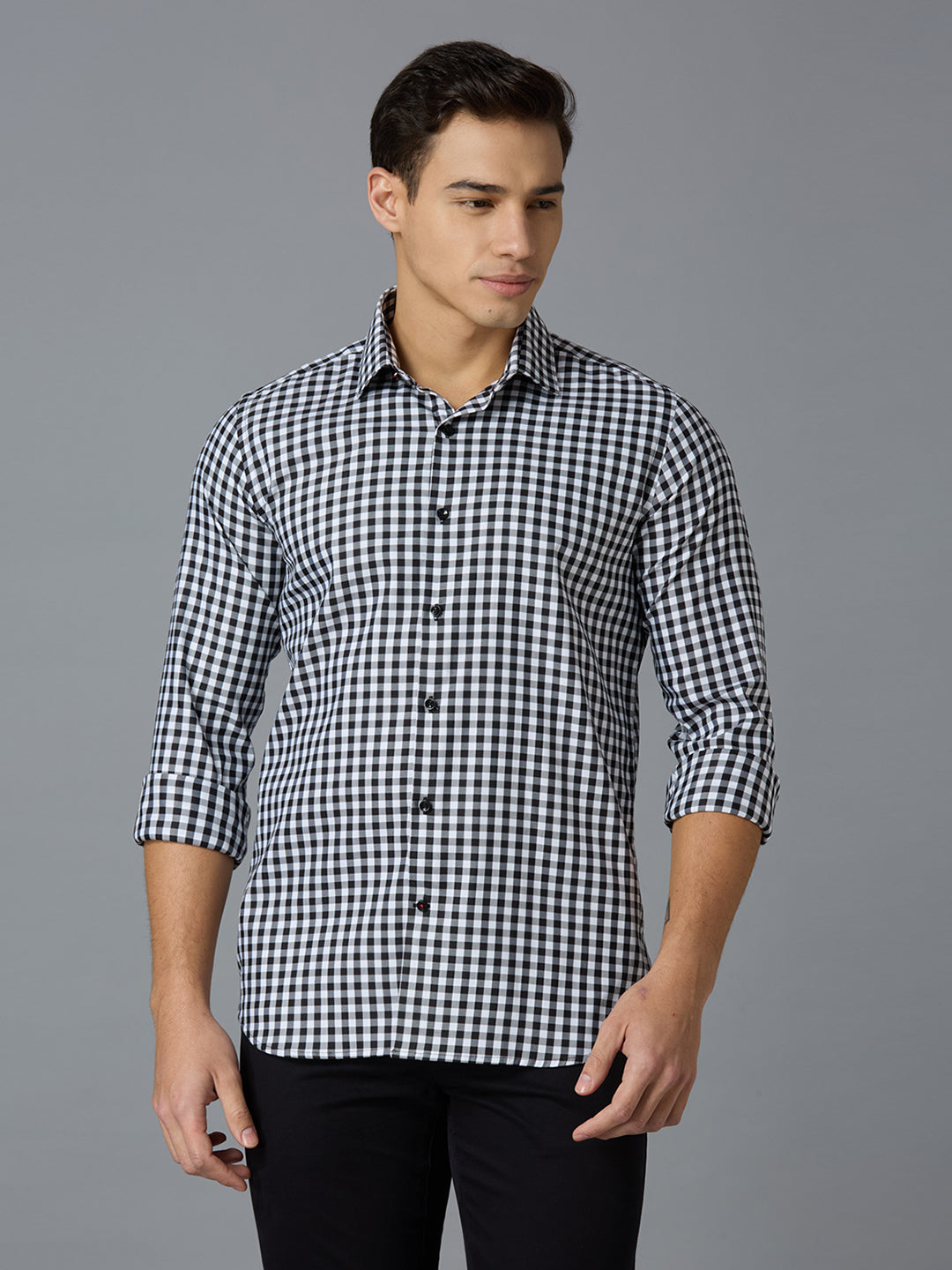 Black 67% Cotton 28% Nylon 5% Spandex Checks Slim Fit Smart Casual Full Sleeves Shirts