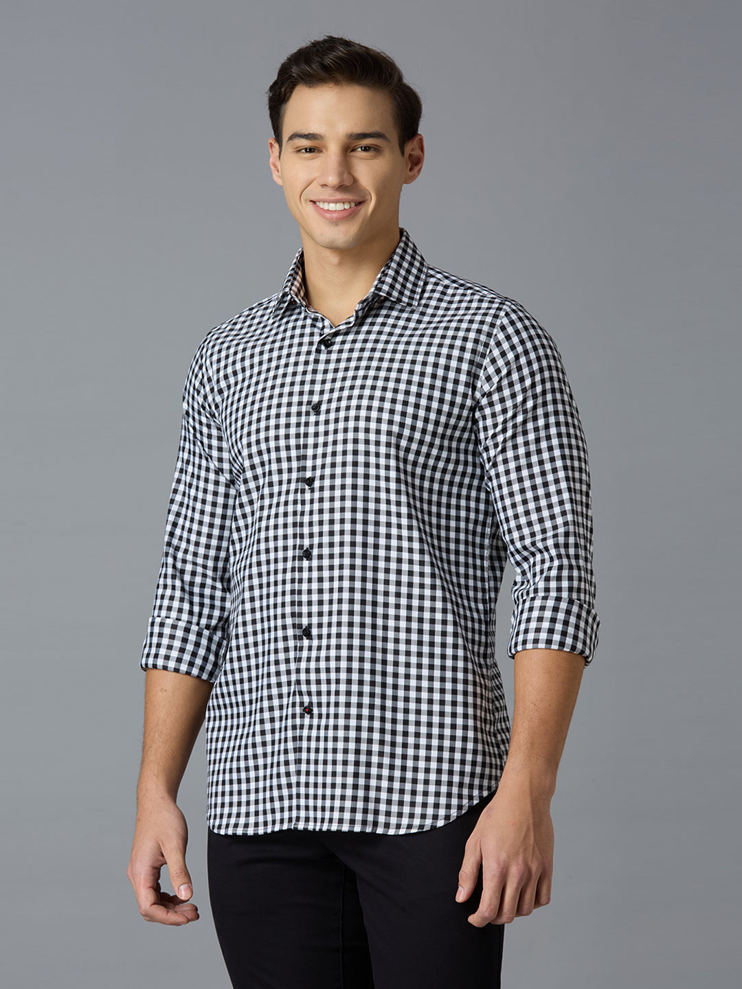 Black 67% Cotton 28% Nylon 5% Spandex Checks Slim Fit Smart Casual Full Sleeves Shirts