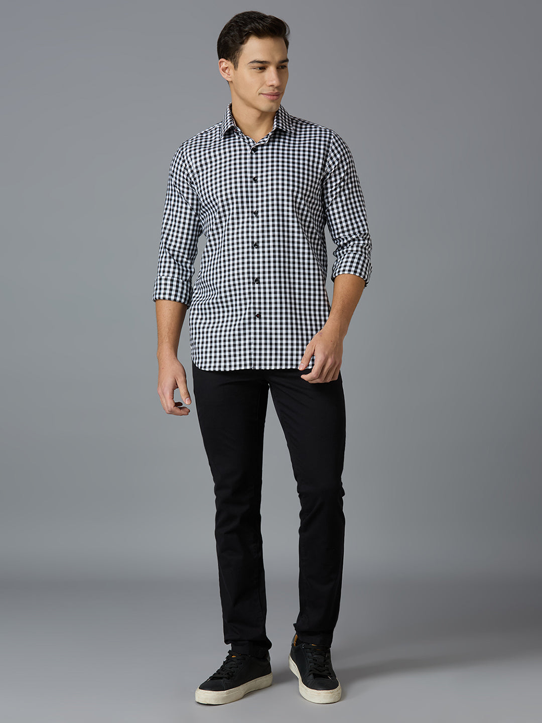 Black 67% Cotton 28% Nylon 5% Spandex Checks Slim Fit Smart Casual Full Sleeves Shirts