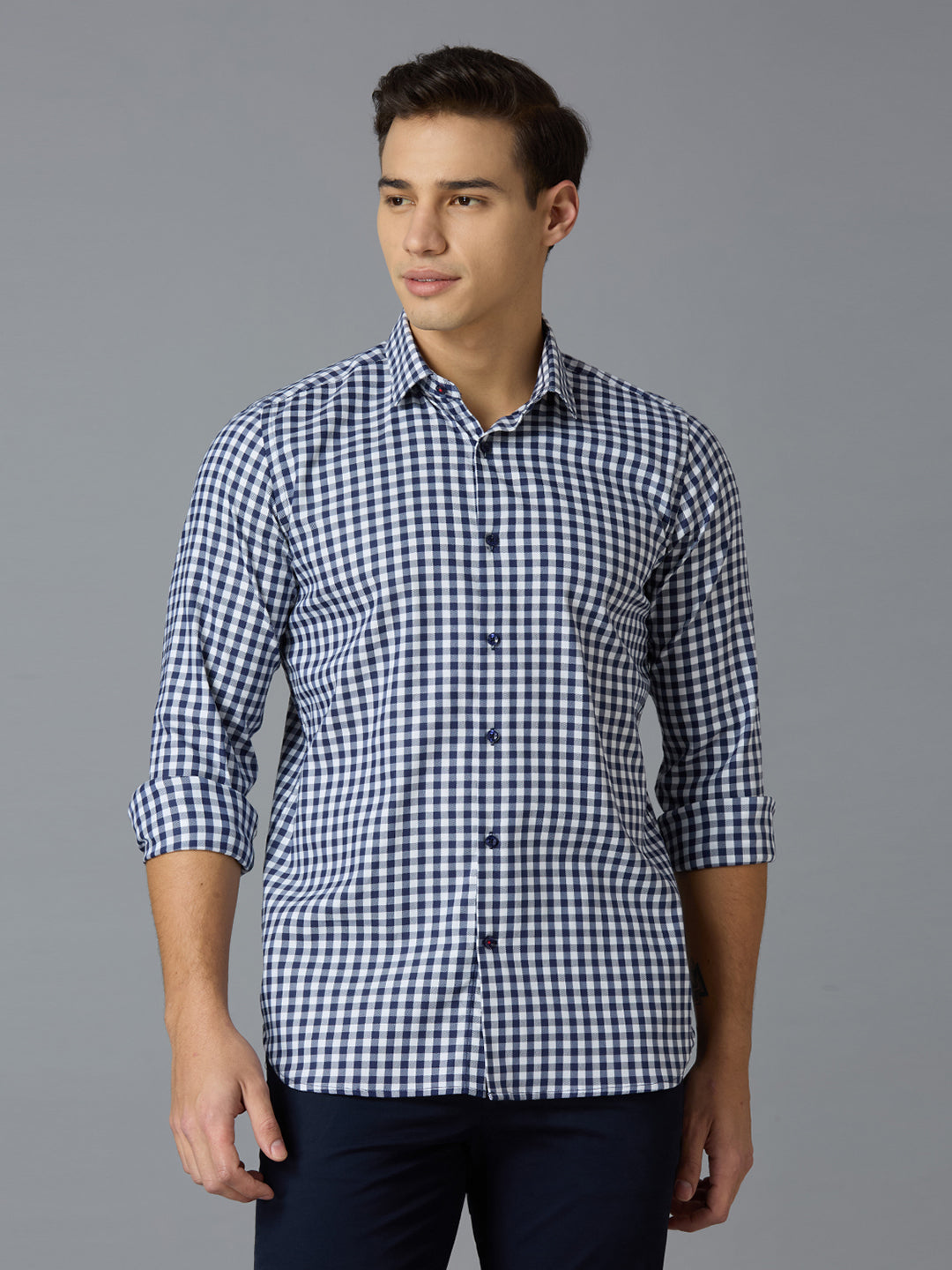 Navy 67% Cotton 28% Nylon 5% Spandex Checks Slim Fit Smart Casual Full Sleeves Shirts