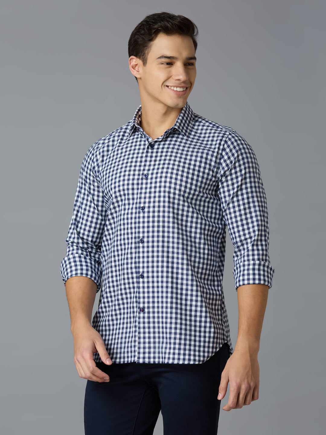 Navy 67% Cotton 28% Nylon 5% Spandex Checks Slim Fit Smart Casual Full Sleeves Shirts