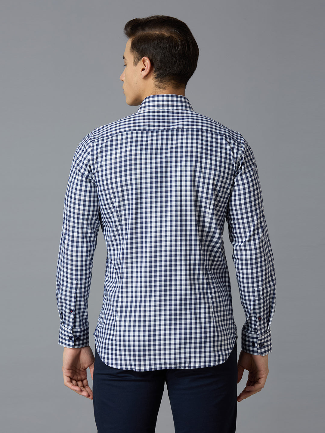 Navy 67% Cotton 28% Nylon 5% Spandex Checks Slim Fit Smart Casual Full Sleeves Shirts