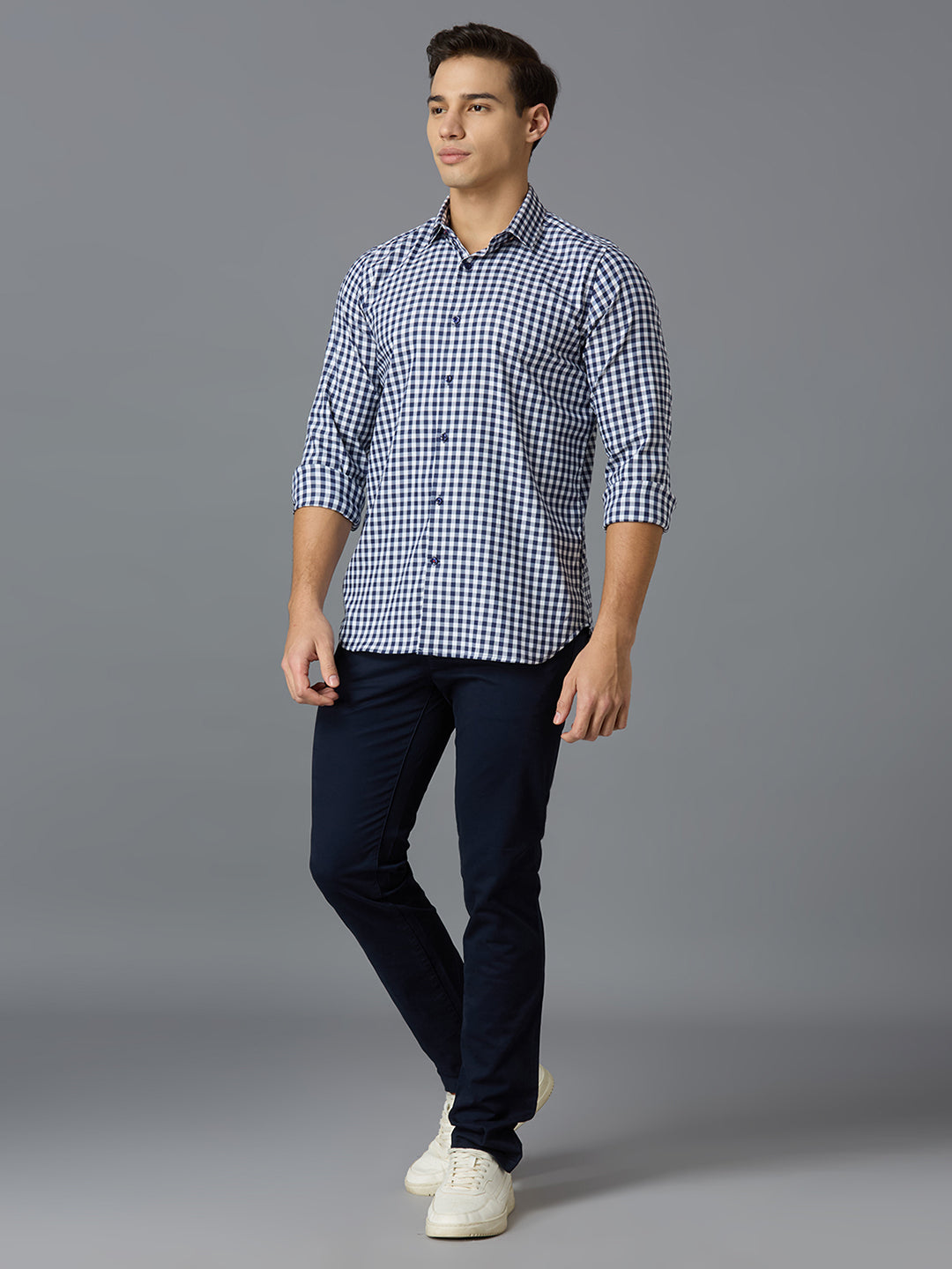 Navy 67% Cotton 28% Nylon 5% Spandex Checks Slim Fit Smart Casual Full Sleeves Shirts