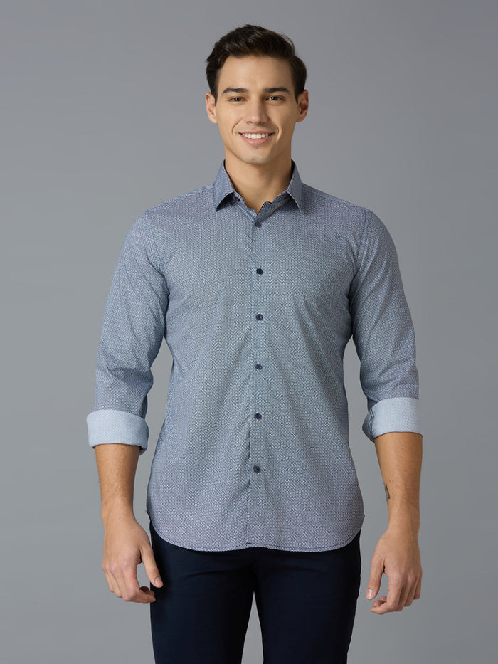 Men's Pure Cotton Printed Printed Slim Fit Full Sleeve Casual Shirt - Blue