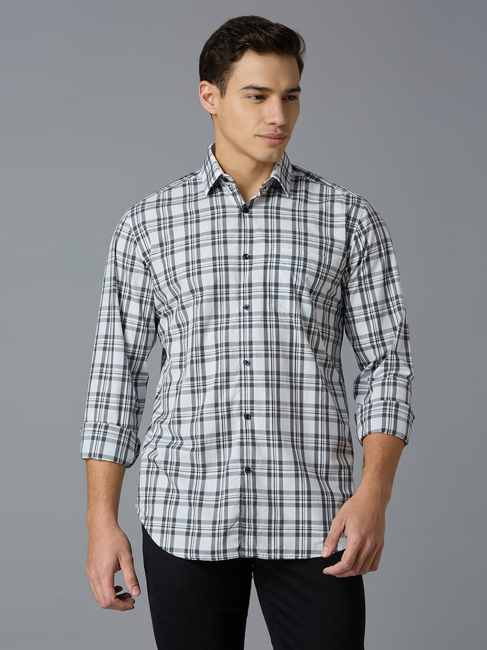Men's Pure Cotton Checks Regular Fit Full Sleeve Casual Shirt - White & Black