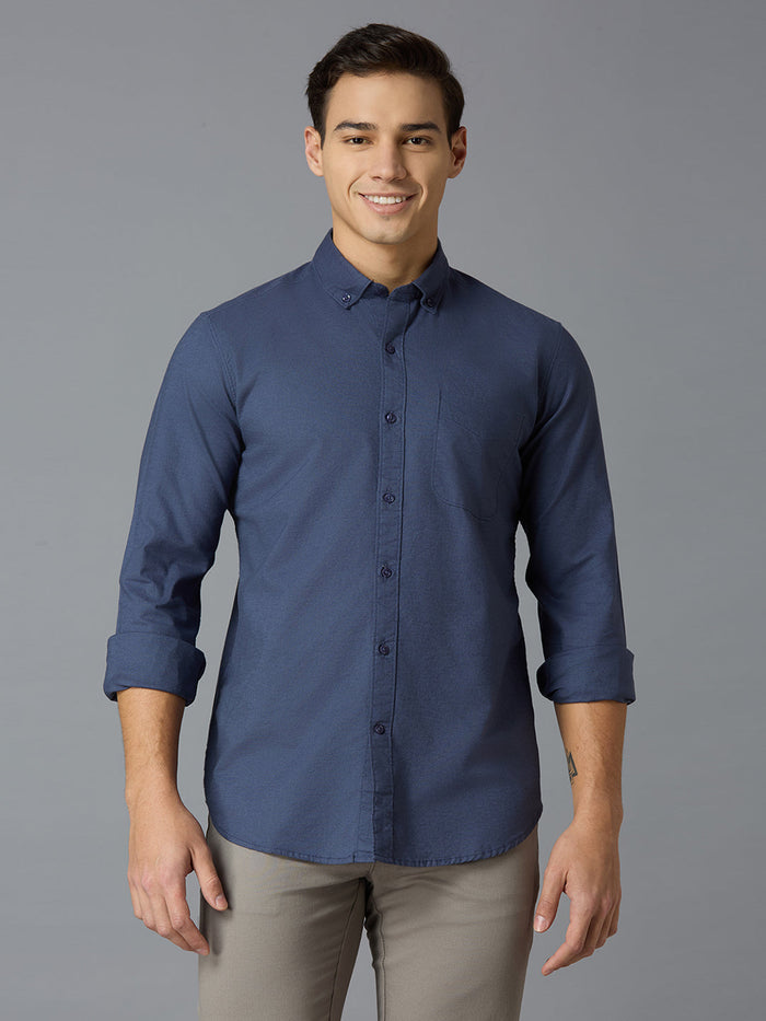 Men's Pure Cotton Plain Slim Fit Full Sleeve Casual Shirt - Blue