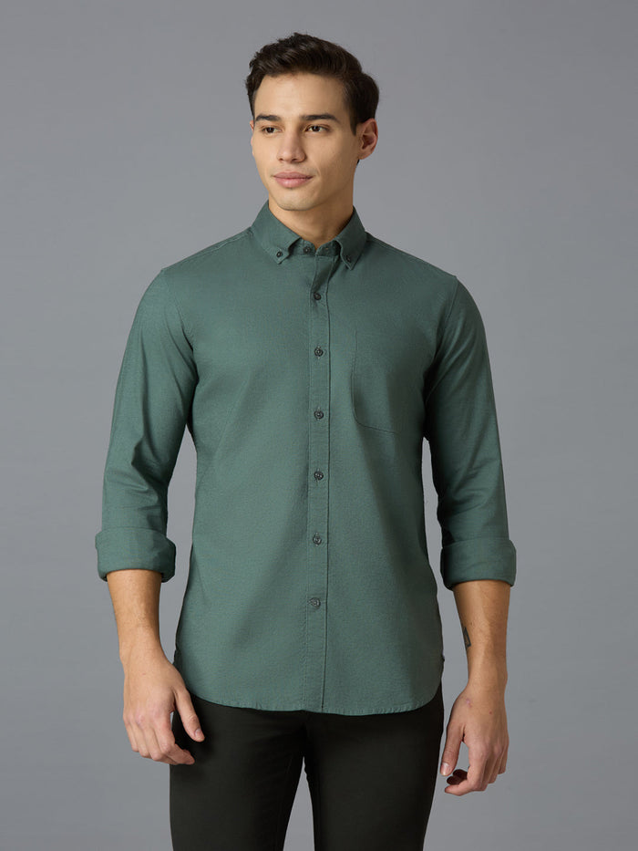 Men's Pure Cotton Plain Slim Fit Full Sleeve Casual Shirt - Green