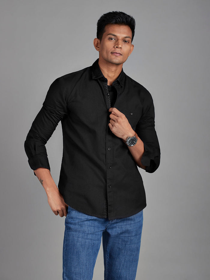 Men's Pure Cotton Plain Slim Fit Full Sleeve Casual Shirt - Black