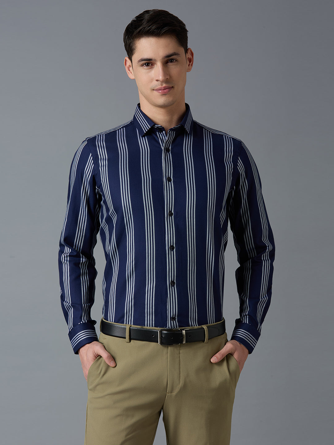 Navy/WHt 100% Cotton Striped Slim fit Formal Full Sleeve Shirts