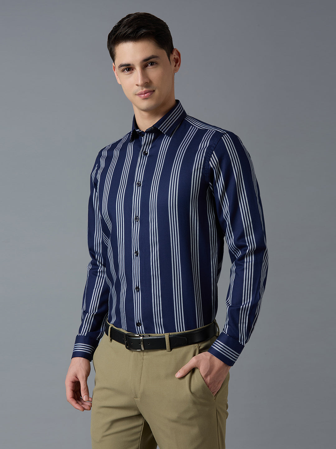 Navy/WHt 100% Cotton Striped Slim fit Formal Full Sleeve Shirts