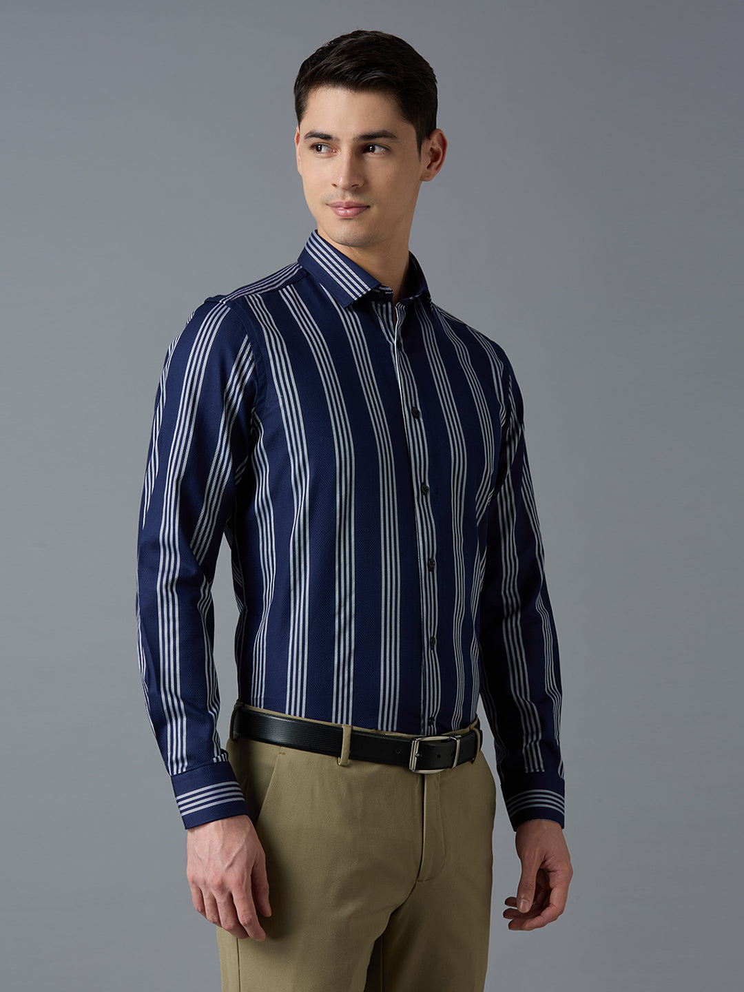 Navy/WHt 100% Cotton Striped Slim fit Formal Full Sleeve Shirts