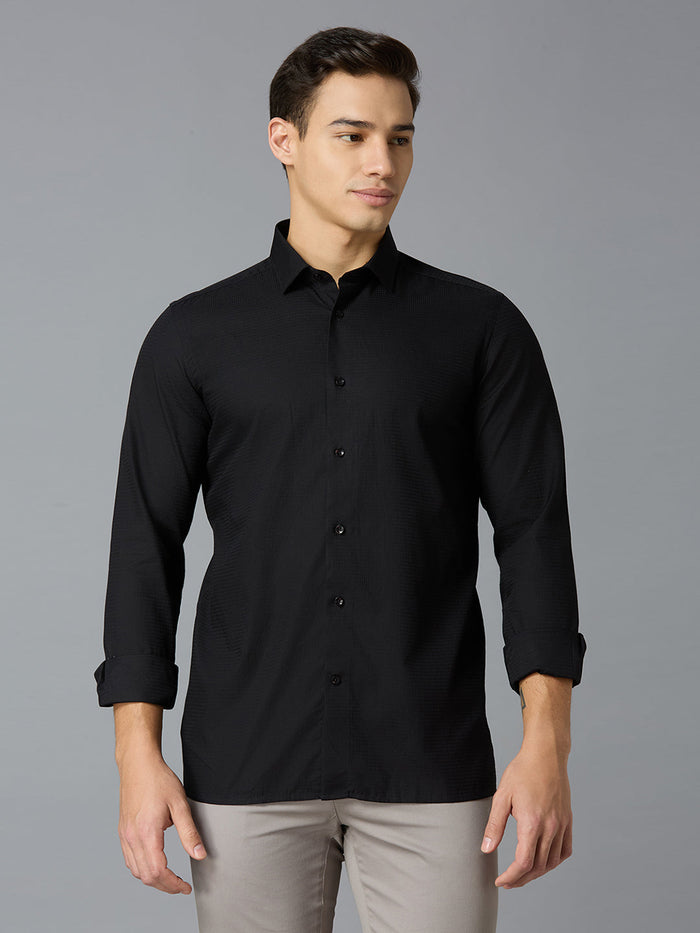 Men's Pure Cotton Dobby Y/D Dobby Y/D Slim Fit Full Sleeve Formal Shirt - Black