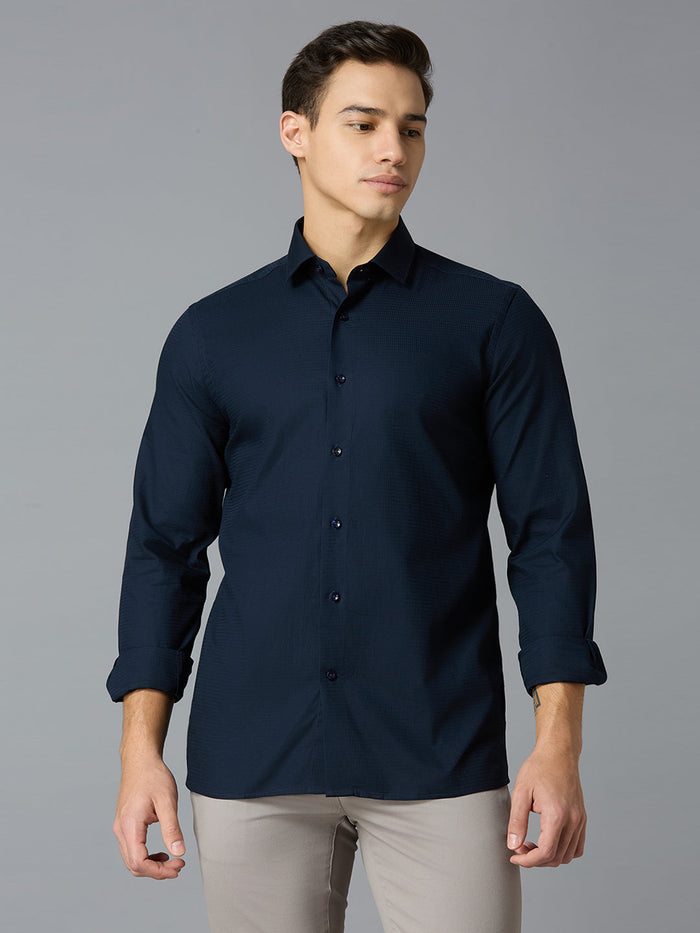 Men's Pure Cotton Dobby Y/D Dobby Y/D Slim Fit Full Sleeve Formal Shirt - Blue