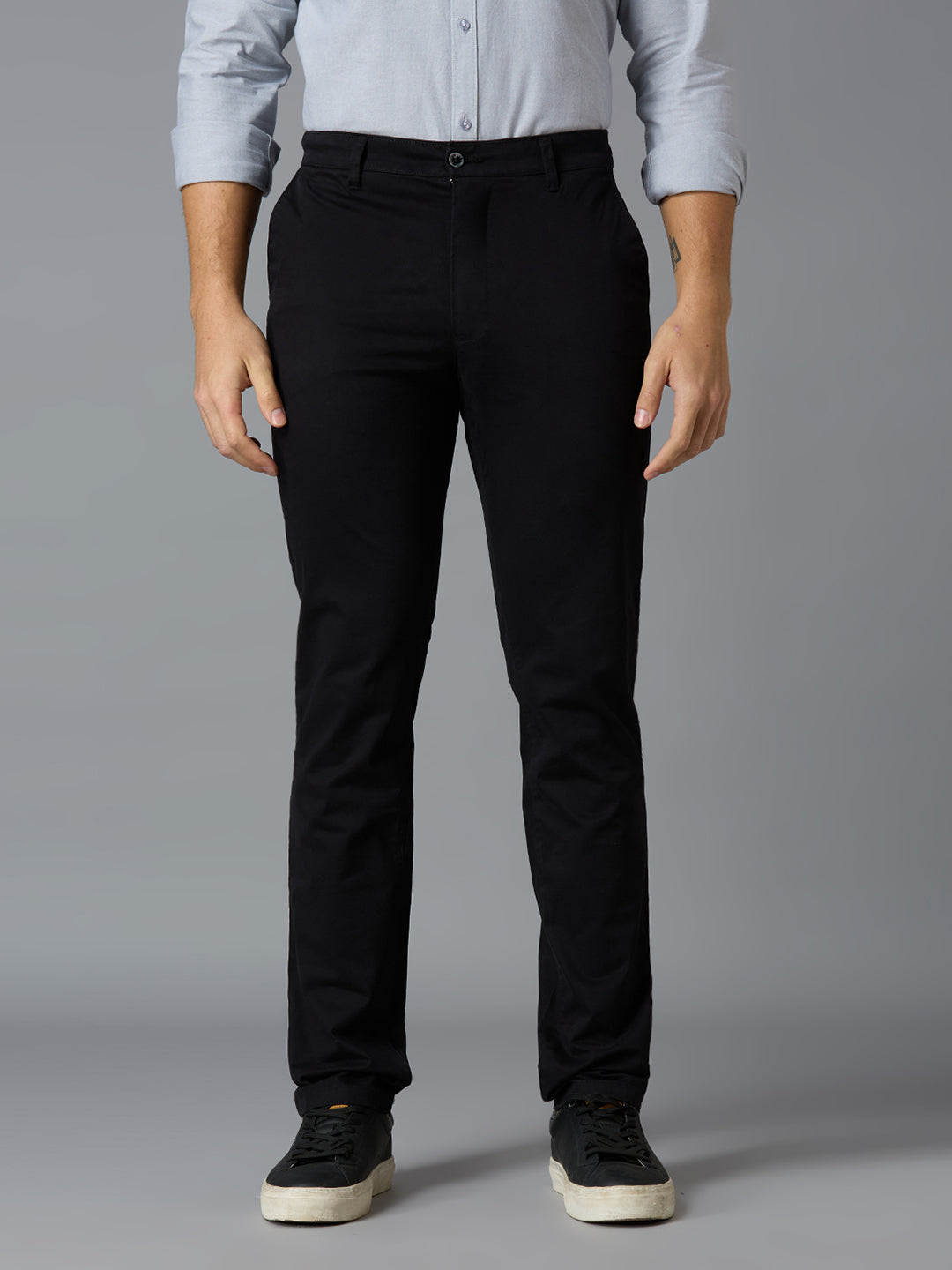 Black 97% Cotton 3% Spandex Plain Tailor Fit Smart Casual Cross Pocket Trousers