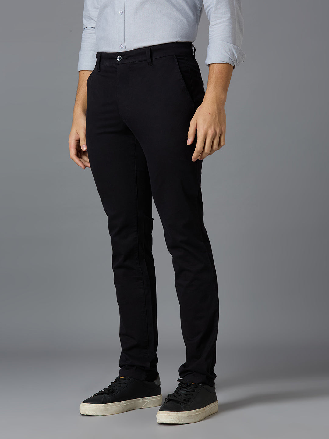 Black 97% Cotton 3% Spandex Plain Tailor Fit Smart Casual Cross Pocket Trousers