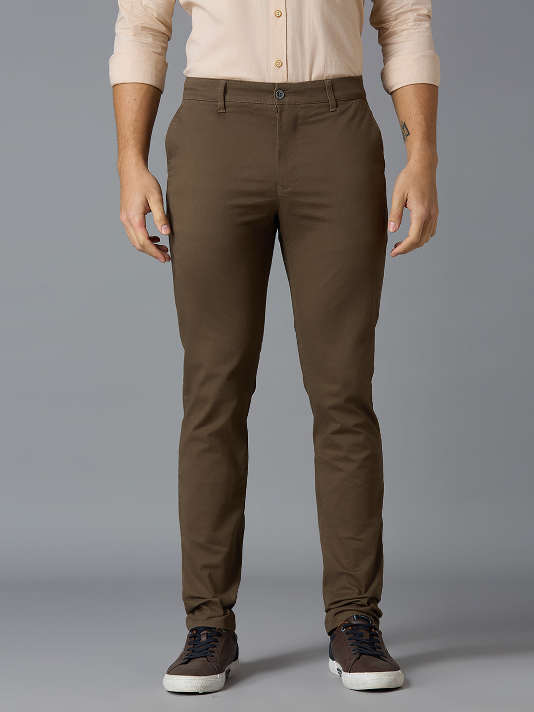 Brown 97% Cotton 3% Spandex Plain Tailor Fit Smart Casual Cross Pocket Trousers