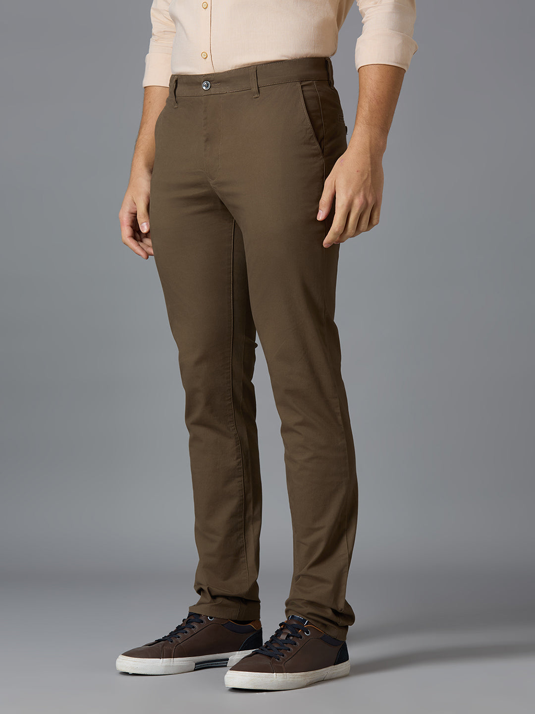 Brown 97% Cotton 3% Spandex Plain Tailor Fit Smart Casual Cross Pocket Trousers