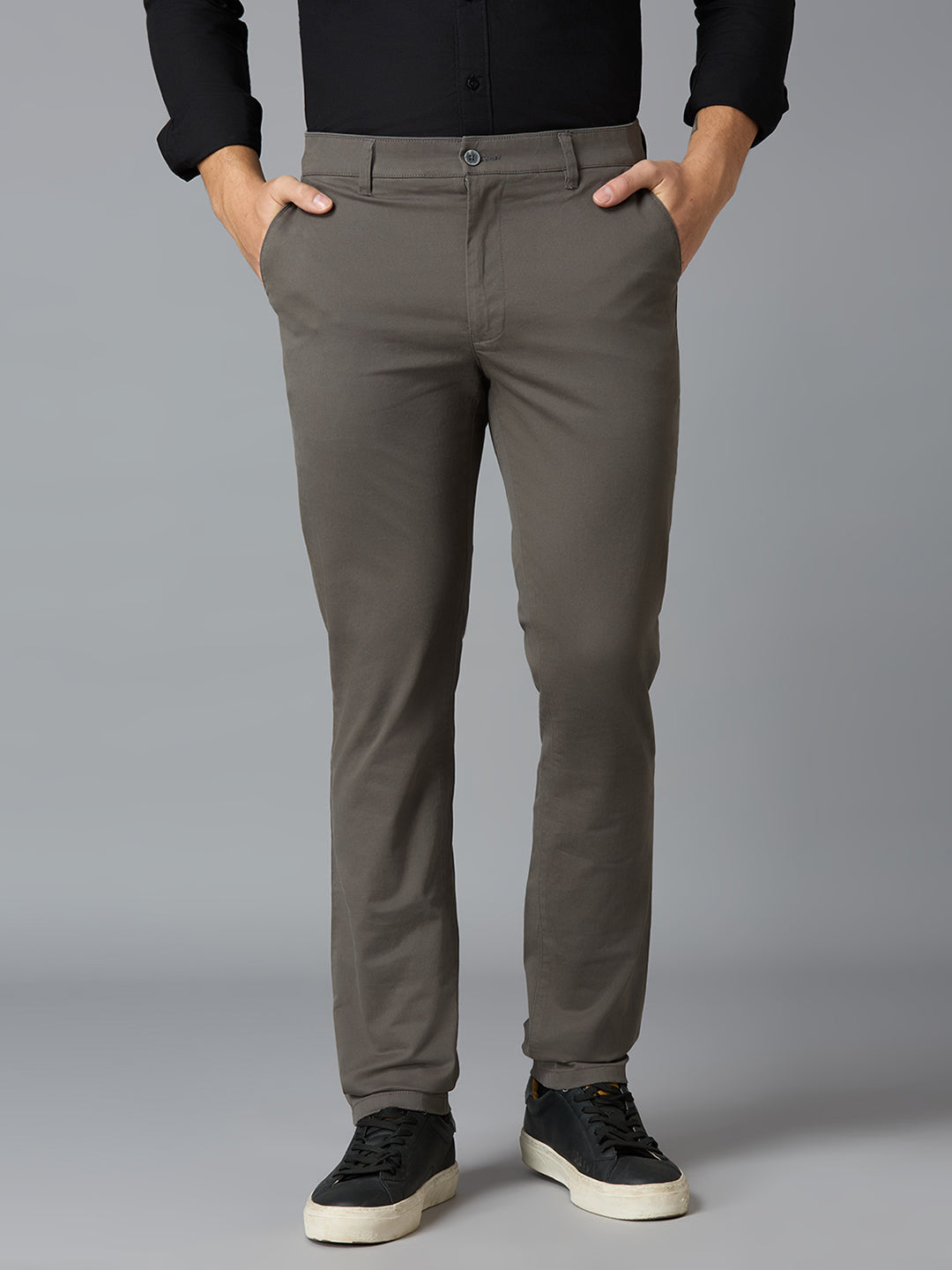 Grey 97% Cotton 3% Spandex Plain Tailor Fit Smart Casual Cross Pocket Trousers