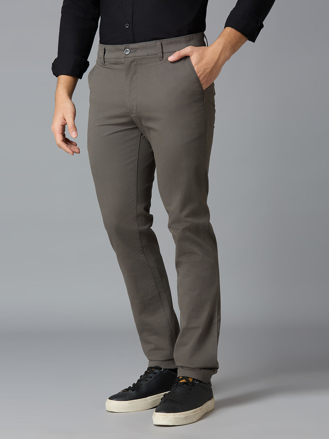 Grey 97% Cotton 3% Spandex Plain Tailor Fit Smart Casual Cross Pocket Trousers