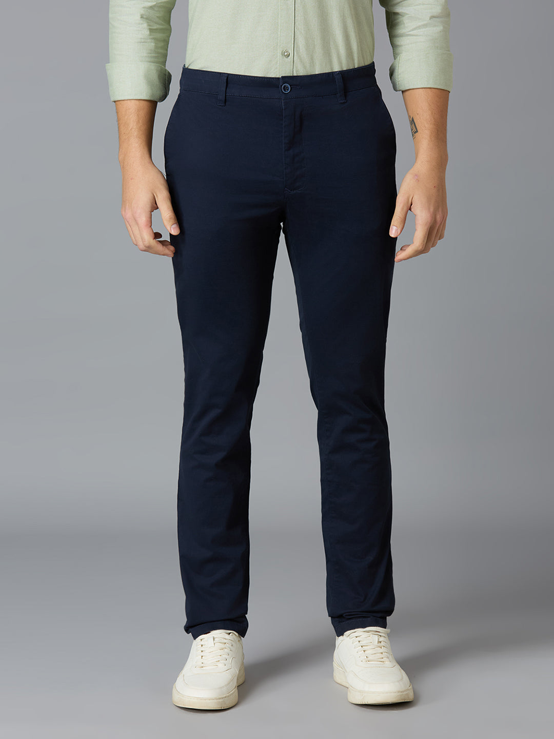 Navy 97% Cotton 3% Spandex Plain Tailor Fit Smart Casual Cross Pocket Trousers