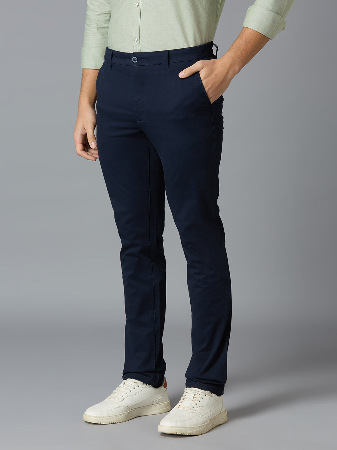 Navy 97% Cotton 3% Spandex Plain Tailor Fit Smart Casual Cross Pocket Trousers