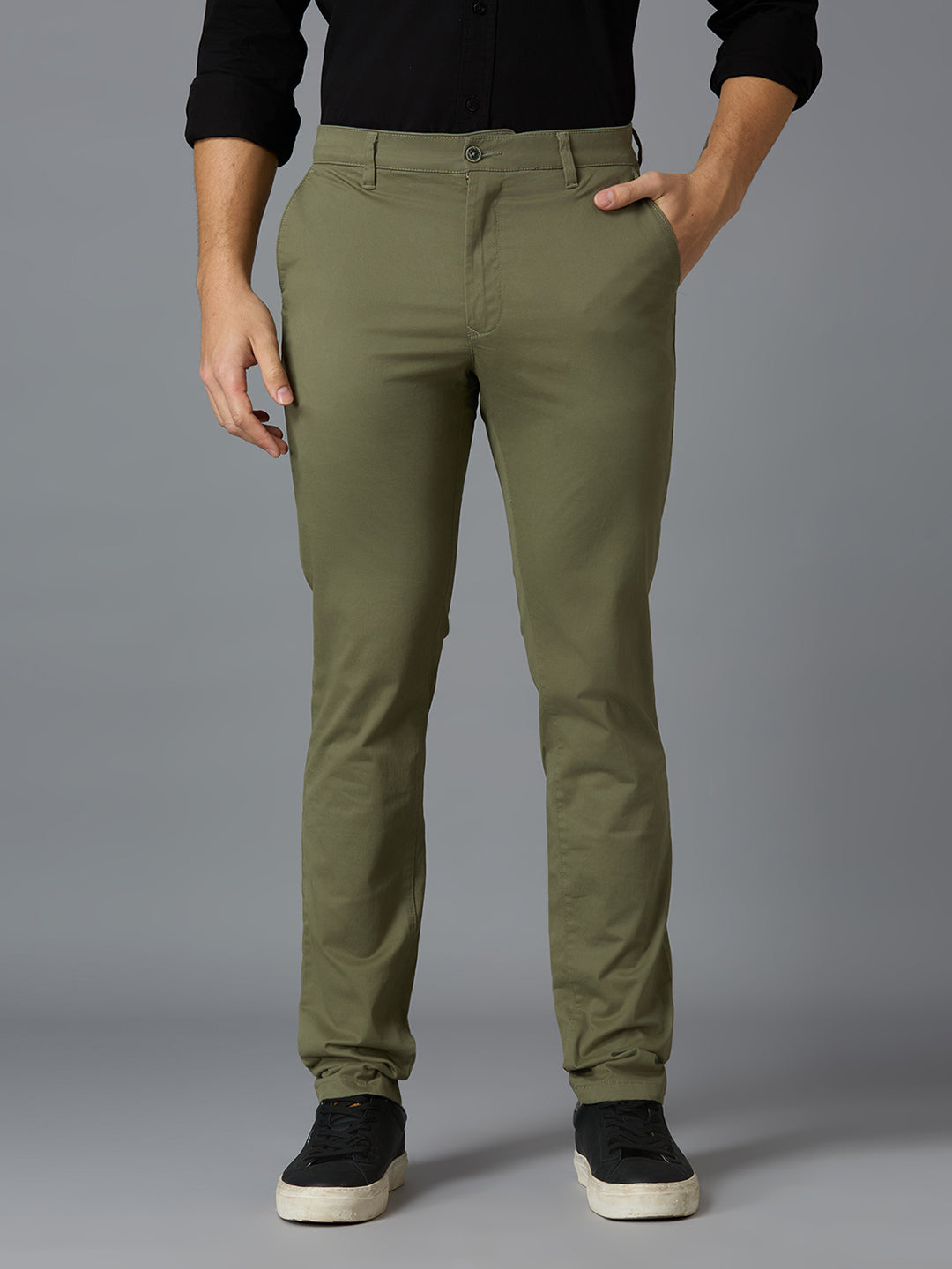 Olive 97% Cotton 3% Spandex Plain Tailor Fit Smart Casual Cross Pocket Trousers