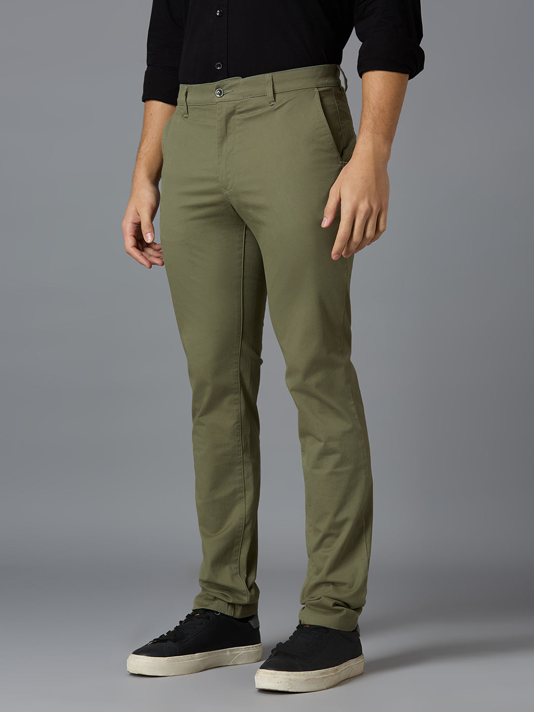 Olive 97% Cotton 3% Spandex Plain Tailor Fit Smart Casual Cross Pocket Trousers