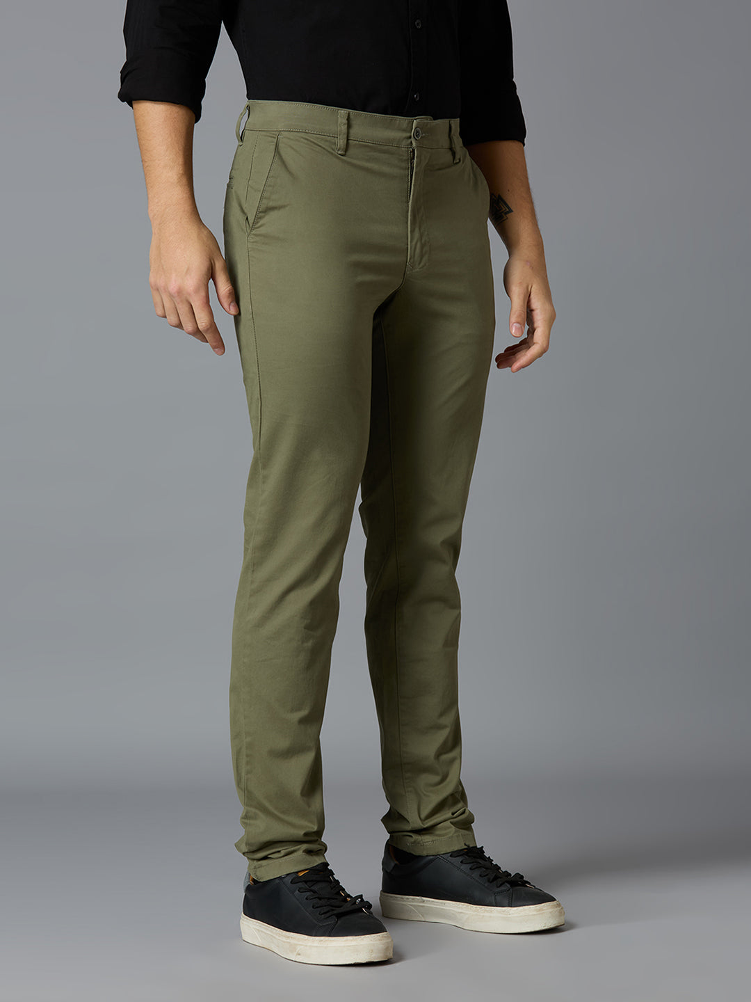 Olive 97% Cotton 3% Spandex Plain Tailor Fit Smart Casual Cross Pocket Trousers