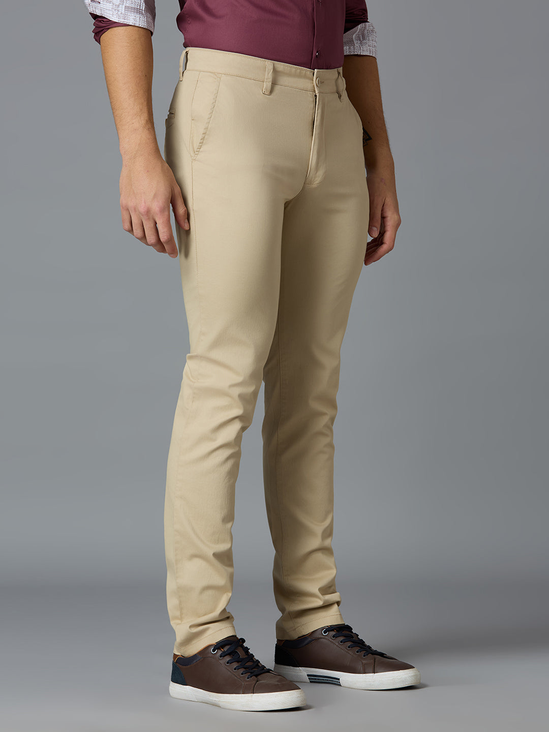 Beige 97% Cotton 3% Spandex Dobby Tailor Fit Smart Casual Cross Pocket Trousers