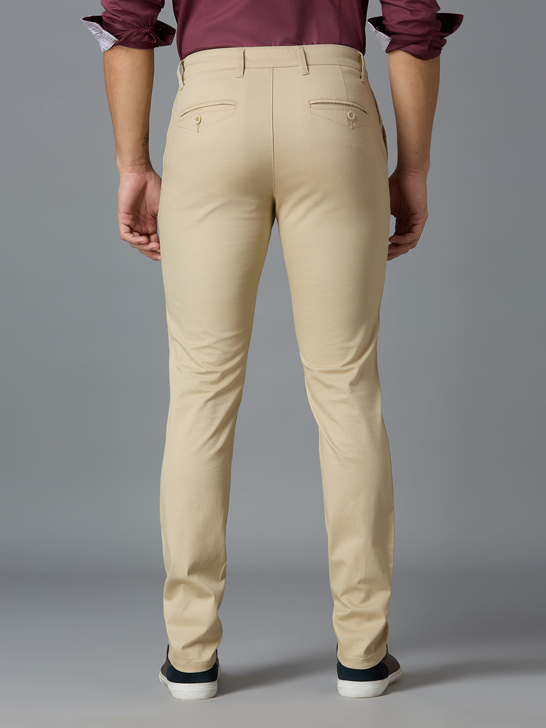 Beige 97% Cotton 3% Spandex Dobby Tailor Fit Smart Casual Cross Pocket Trousers