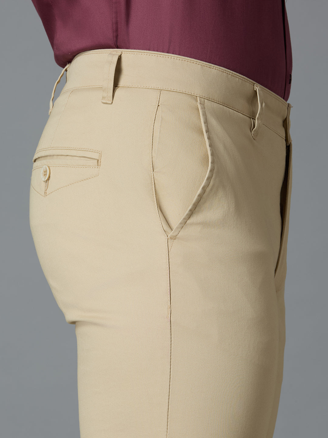Beige 97% Cotton 3% Spandex Dobby Tailor Fit Smart Casual Cross Pocket Trousers