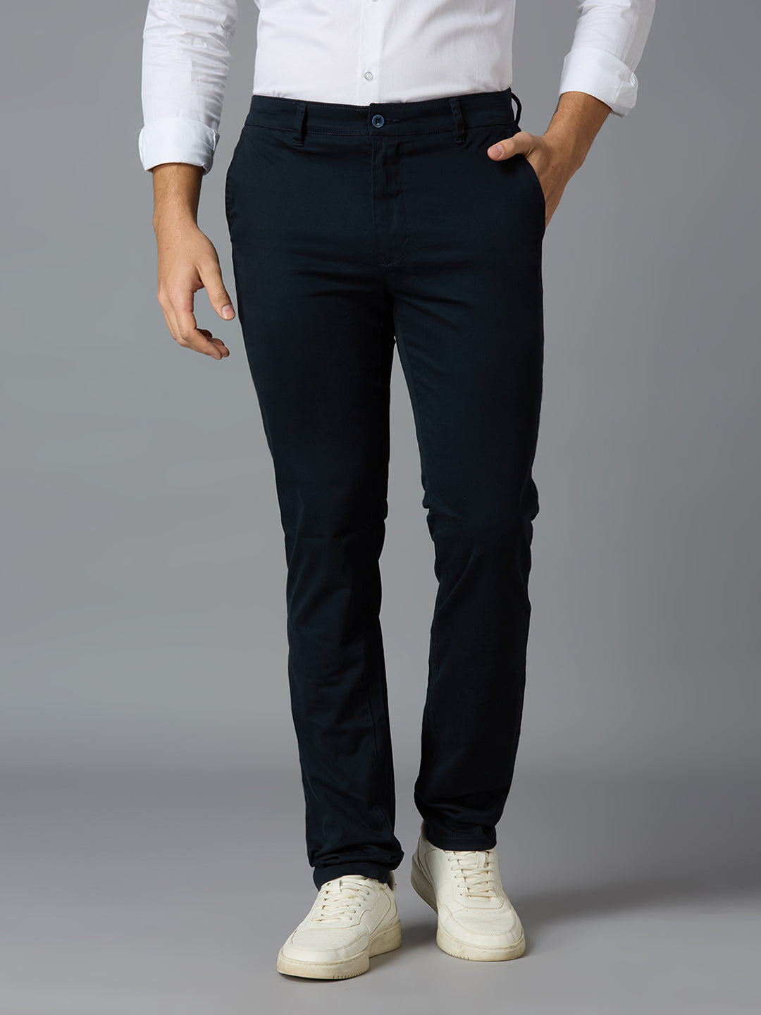 Navy 97% Cotton 3% Spandex Dobby Tailor Fit Smart Casual Cross Pocket Trousers