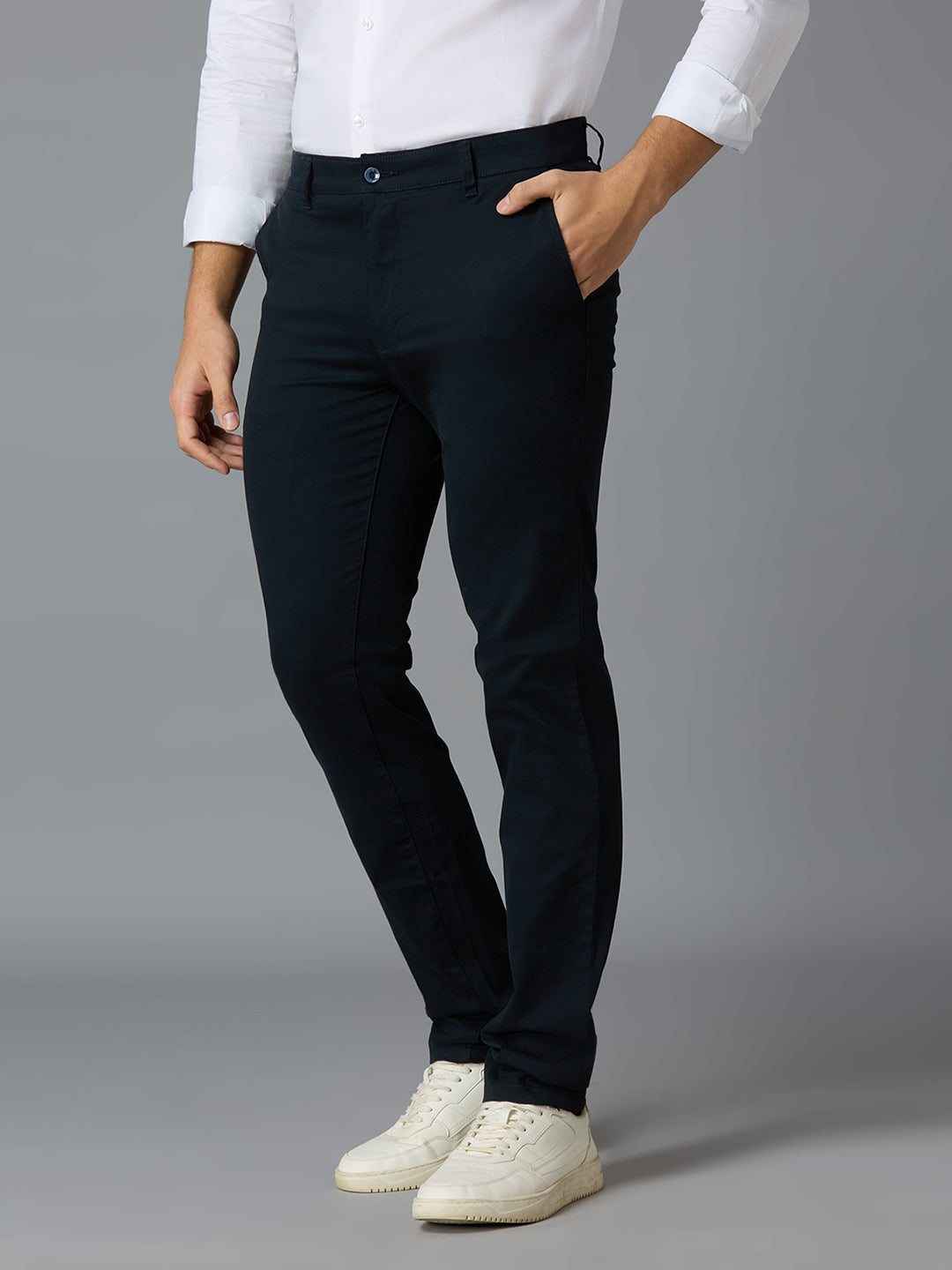 Navy 97% Cotton 3% Spandex Dobby Tailor Fit Smart Casual Cross Pocket Trousers