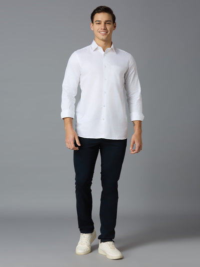 Navy 97% Cotton 3% Spandex Dobby Tailor Fit Smart Casual Cross Pocket Trousers