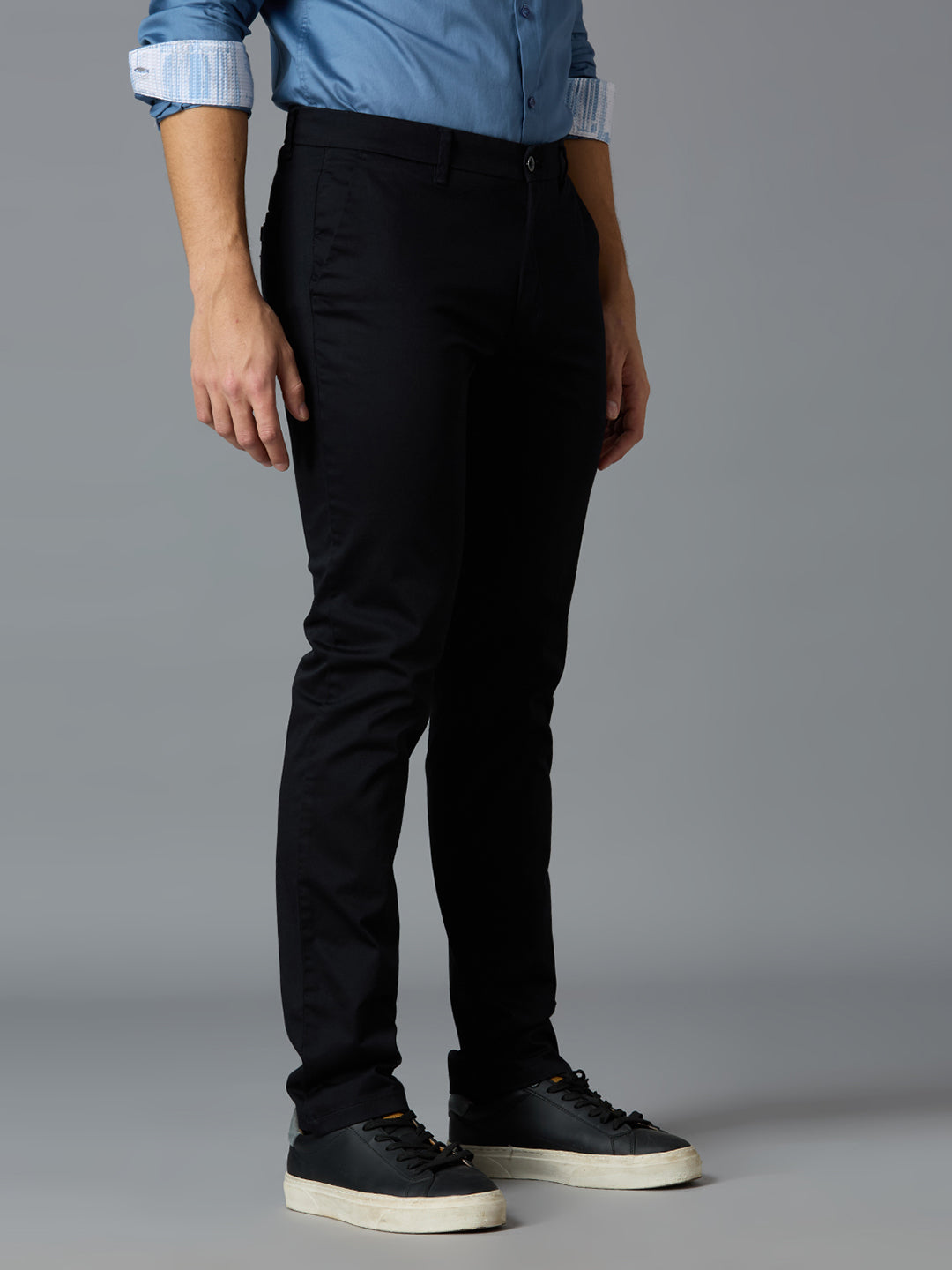 Black 97% Cotton 3% Spandex Plain Tailor Fit Smart Casual Cross Pocket Trousers