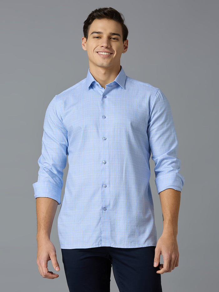 Men's Pure Cotton Checks Slim Fit Full Sleeve Formal Shirt - Blue