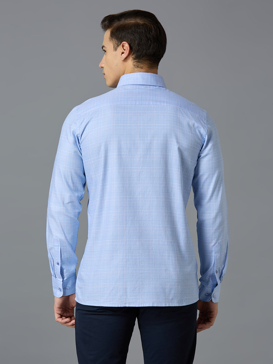 Sky Blue 100% Cotton Checked Slim fit Formal Full Sleeve Shirts