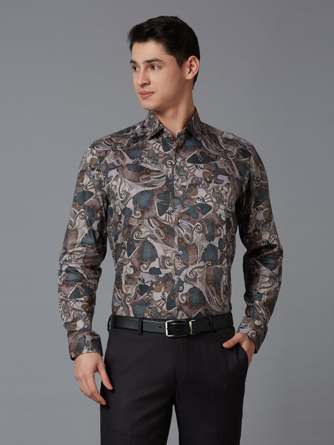 Grey 100% Cotton Printed Regular Fit Formal Full Sleeve Shirts