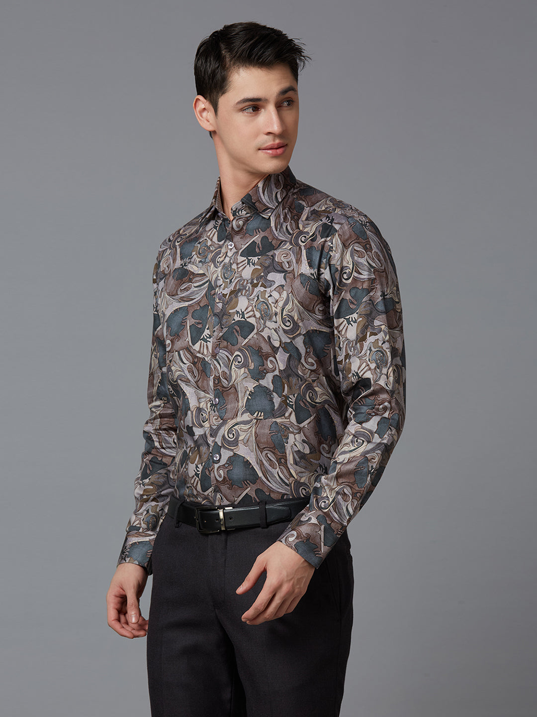 Grey 100% Cotton Printed Regular Fit Formal Full Sleeve Shirts