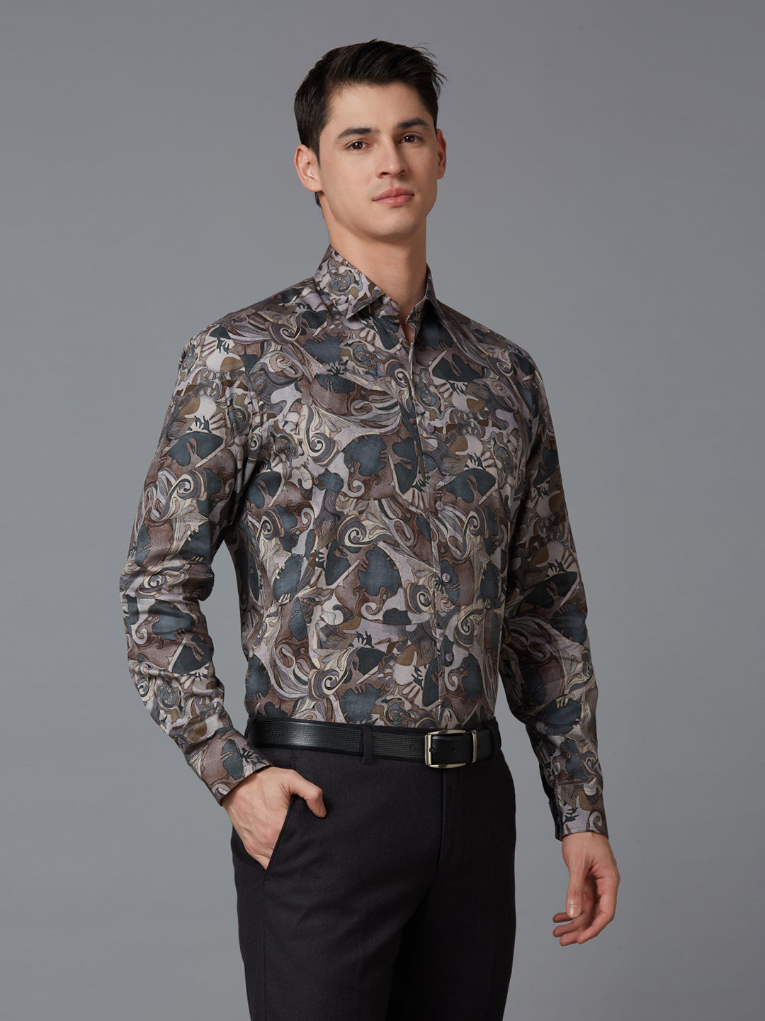 Grey 100% Cotton Printed Regular Fit Formal Full Sleeve Shirts