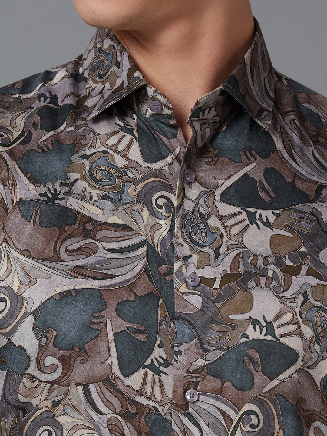 Grey 100% Cotton Printed Regular Fit Formal Full Sleeve Shirts