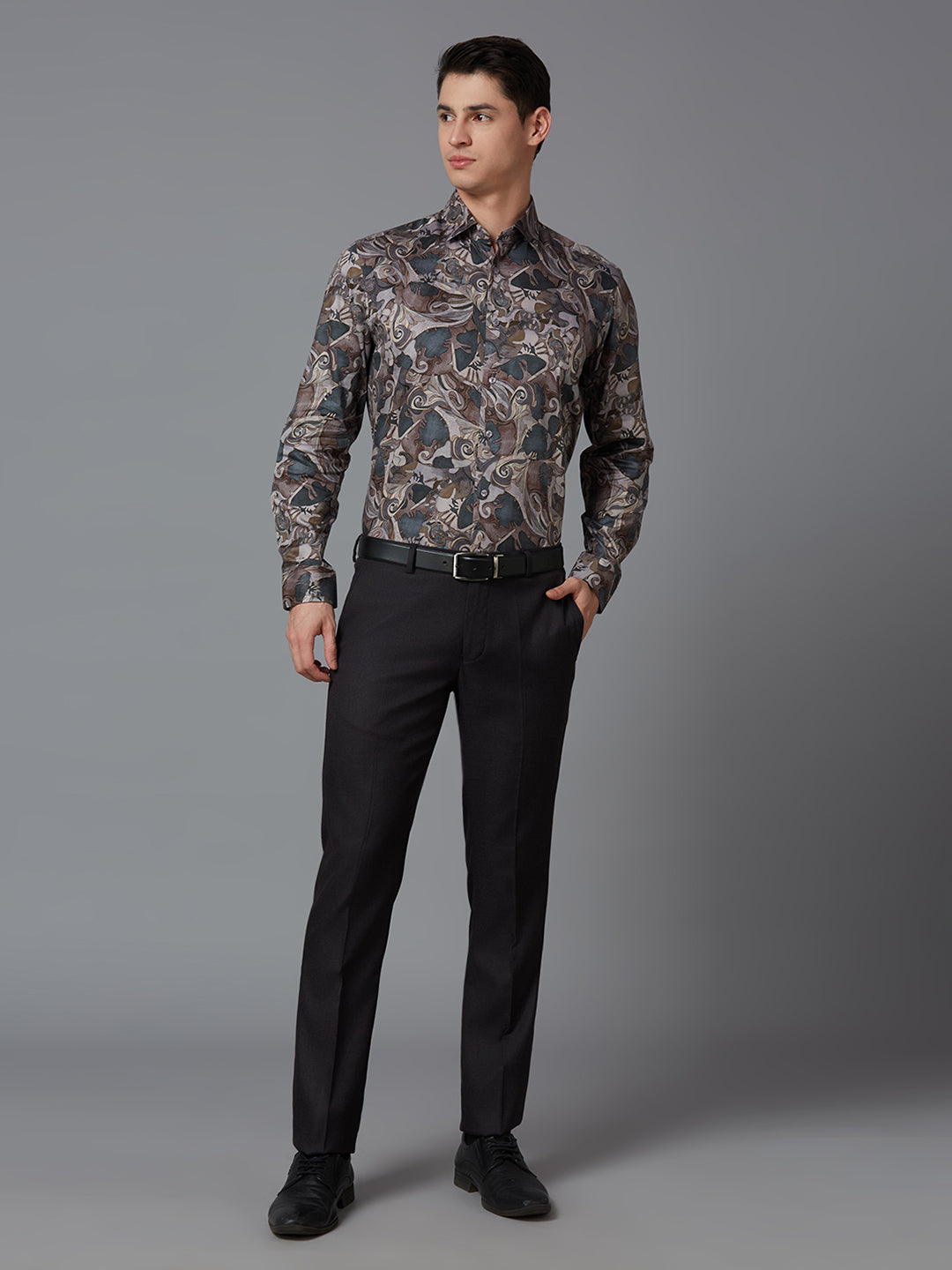 Grey 100% Cotton Printed Regular Fit Formal Full Sleeve Shirts